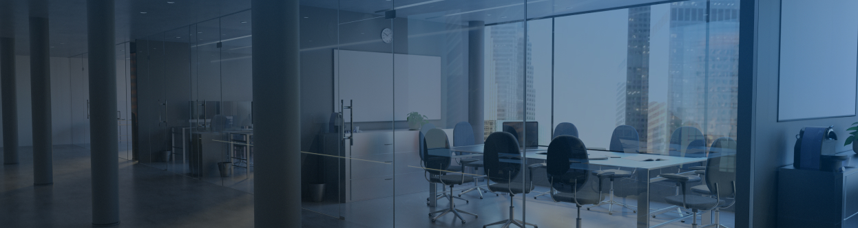 Interior of a conference room in an office, overlaid with a blue gradient